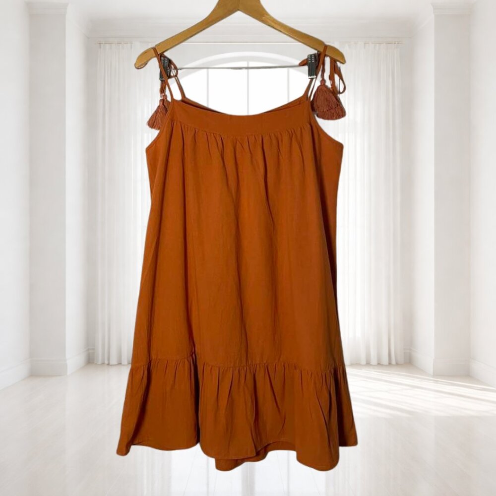 Rust Orange Boho Dress XL Crochet Detail Tassel Tie Straps Ruffle Hem - Picture 3 of 9